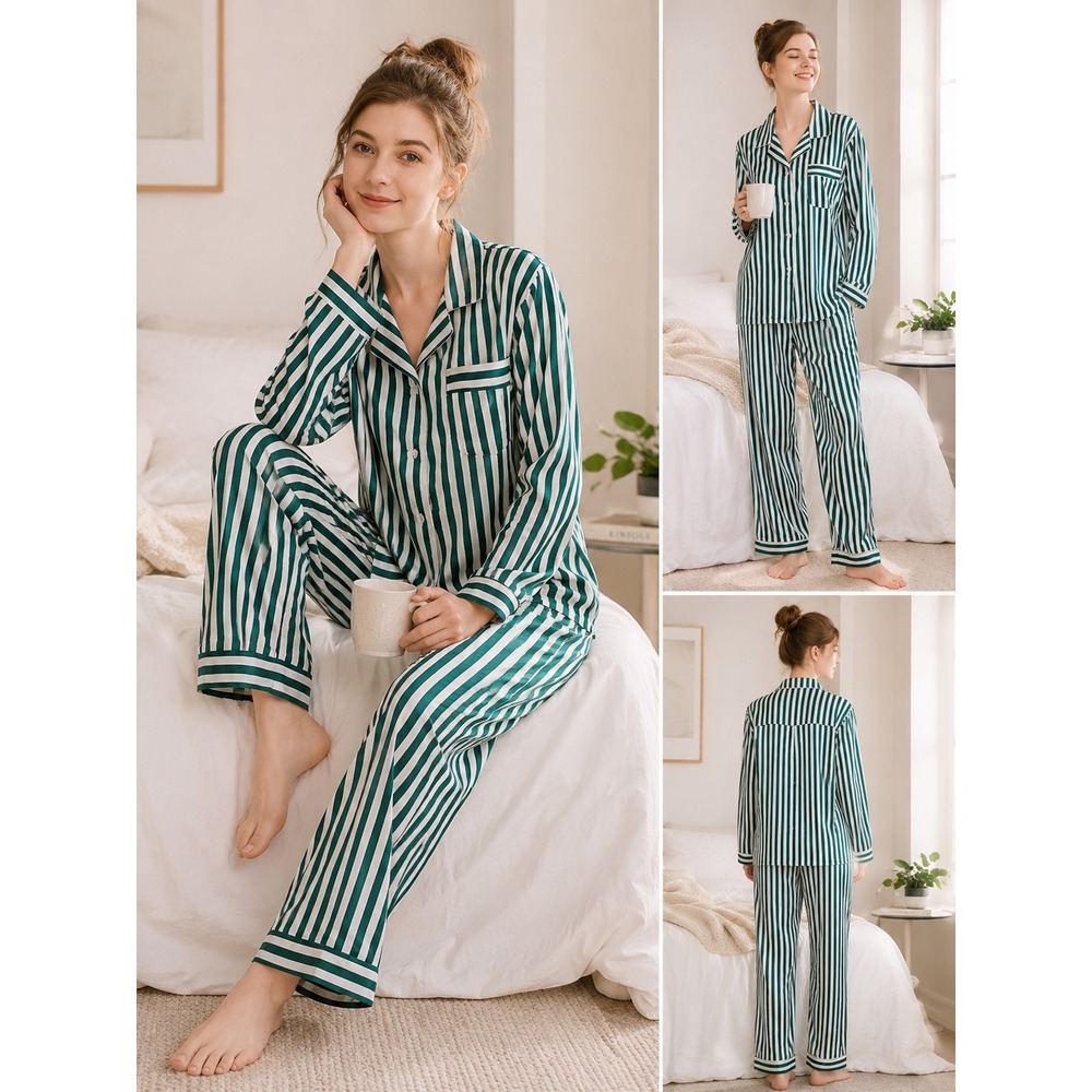 Tony & Candice Pajama Set Women Small Green New Striped Satin Long Sleeve PJs